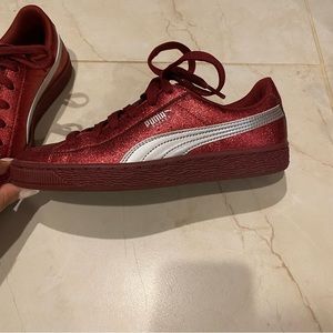 Red Glitter Puma Basket Sneakers, Big Kids size 6